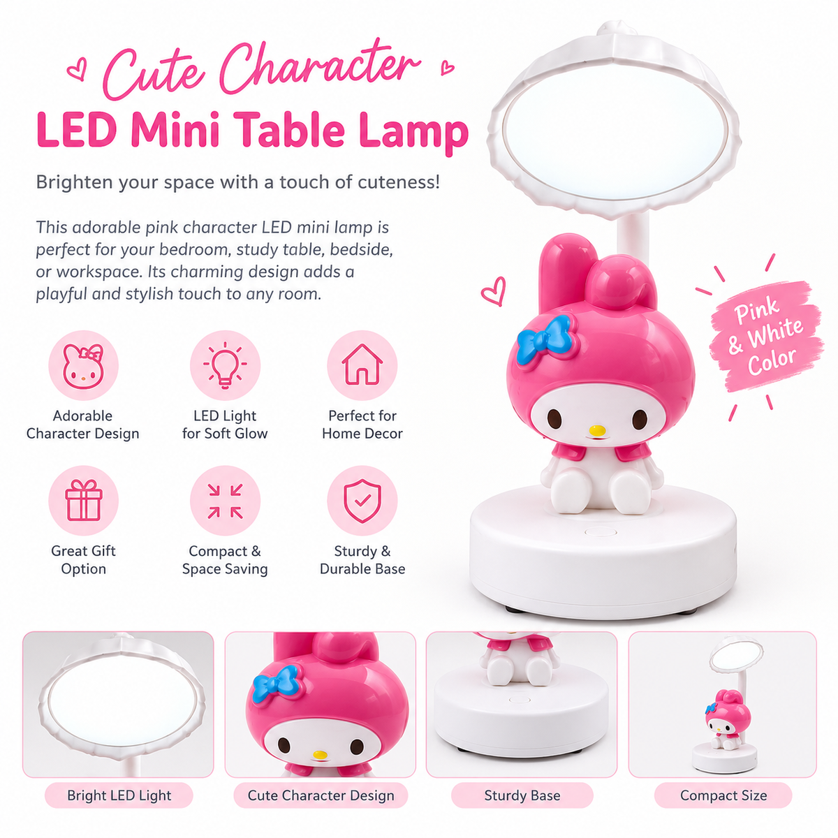 Cute Pink Character LED Mini Table Lamp for Bedroom & Study
